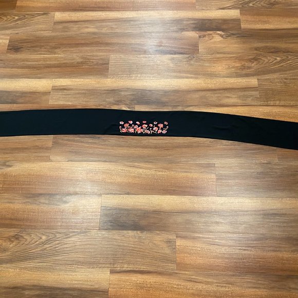 White House Black Market Black Scarf w Floral Detailing and Fringed Ends - Picture 6 of 10